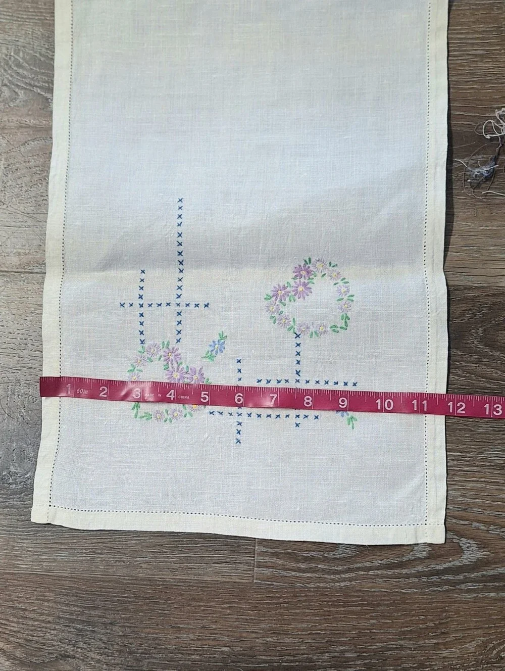 Vintage Embroidered Hearts & Flowers Linen Table Runner, 11.5